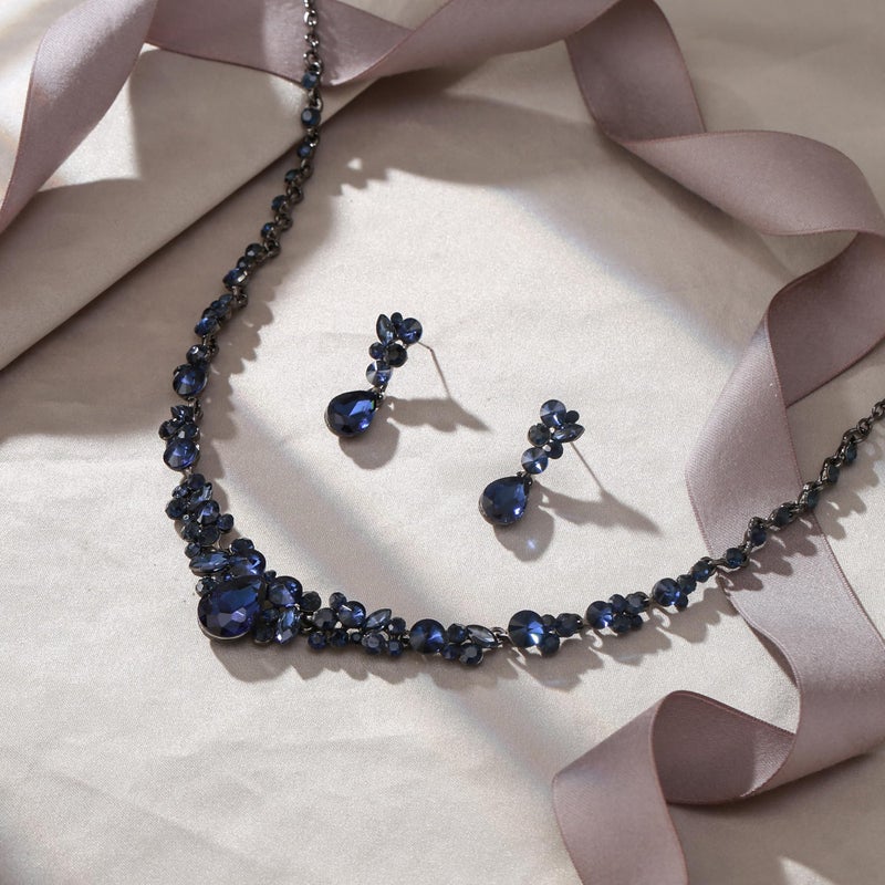 EVER FAITH Women's Austrian Crystal Bridal Floral Teardrop Necklace Earrings Set Dark Blue Black-Tone 20.2'' - Image 5